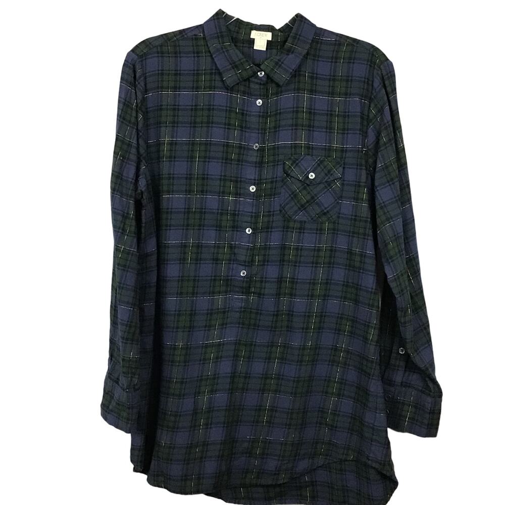 J. Crew The Perfect Shirt Popover Button Up Down Blackwatch Plaid Tunic Top sz L - Picture 2 of 8